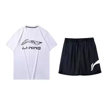 Дышащий удобный универсальный пуловер с круглым вырезом и короткими рукавами с принтом логотипа Li Ning, простые шорты, повседневный спортивный комплект YHST165-1+YKSV197-2 L