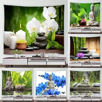 Дзен Будда Камень Спа Зеленый Бамбуковый Рисунок Гобелен Для Дома Гостиная Общежитие Украшение Комнаты Фон Ткань Гобелен 100x75cm