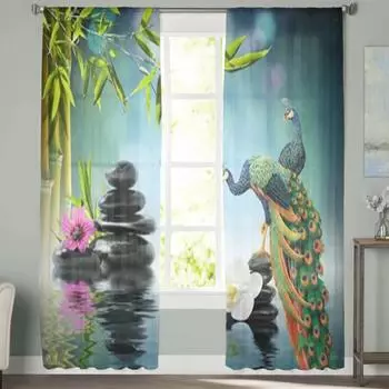 Дзен садовые прозрачные шторы с павлином, вуаль для спальни, прозрачные шторы для окон, кухни, тюлевые шторы 135W x 114H(cm)
