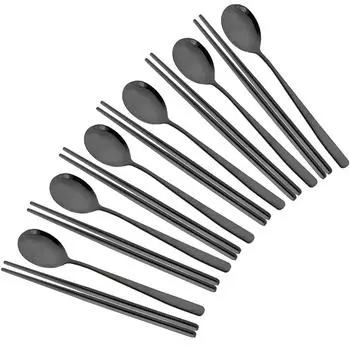Джанкнг Вестерн, 6 комплектов ( 12 шт. ) Черная посуда из нержавеющей стали 304, посуда, ложки с длинной ручкой, палочки для еды, металлический корейский набор столового серебра серебряный