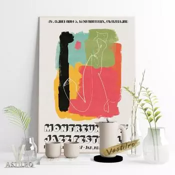 Джазовый фестиваль в Монтрё, рекламный плакат с живым выступлением, абстрактная акварельная линия, минималистичная настенная тканевая роспись 21cm30cm NoFrame