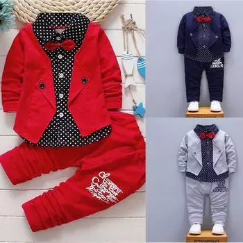 Джентльмен для малышей Baby Boy Kid Infant Fashion Shirts Tops + Pants Outfit Set 110cm красный