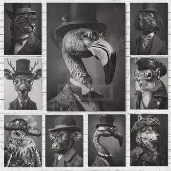 Джентльмен Винтаж Животные Плакат Антикварный Дизайн Принты Картина Холст Ретро Настенные Картины Домашняя Комната Монохромный Декор 21x30cm No Framed