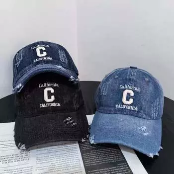 Джинсовая бейсболка детская весенне-летняя модная универсальная солнцезащитная кепка с защитой от солнца старая уличная индивидуальная кепка прилив M56-58cm чёрный