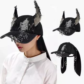 Джинсовая бейсболка с регулируемым ремешком, потертый дизайн, джинсовая кепка с объемными кроличьими ушками