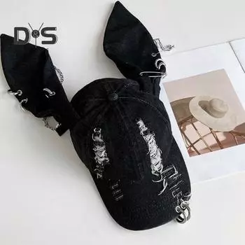 Джинсовая бейсболка с регулируемым ремешком, потертый дизайн, джинсовая кепка с 3D-кроличьими ушками, уличный аксессуар чёрный