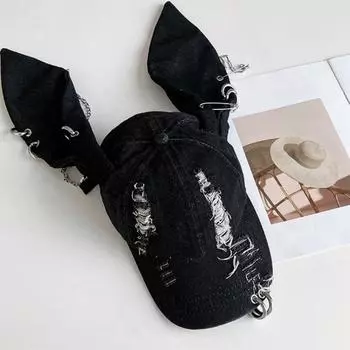 Джинсовая бейсболка с регулируемым ремешком, потертый дизайн, джинсовая кепка с 3D-кроличьими ушками, уличный аксессуар