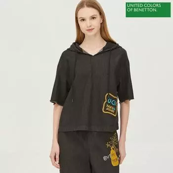 Джинсовая блузка Benetton Ucb с вышивкой и капюшоном Babl51231 Bk blacks/42