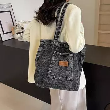 Джинсовая большая сумка большой емкости, элитная сумка на одно плечо, женская школьная сумка, простая сумка на одно плечо в стиле ретро