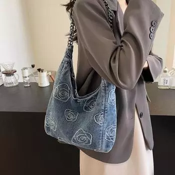 Джинсовая большая сумка Женская сумка через плечо большой вместимости светло-синий