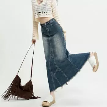 Джинсовая длинная юбка Acubi, модная женская высокая талия, трапециевидной формы с необработанными краями, рваная лоскутная юбка макси, винтажная уличная одежда для девочек L синий