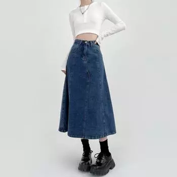 Джинсовая длинная юбка для женщин, корейская мода, трапециевидная юбка-зонтик с высокой талией, винтажная женская одежда Y2k, большие размеры S синий