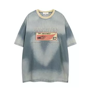 Джинсовая футболка с вышивкой букв и круглым вырезом, с короткими рукавами, модная американская уличная мужская футболка оверсайз, летняя футболка с рукавами четверти M синий