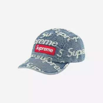 Джинсовая кепка Supreme с потертыми логотипами Синяя 21SS -