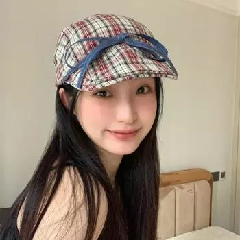 Джинсовая клетчатая шляпа с бантом спереди, модная маленькая универсальная шляпа уличного художника-газетчика