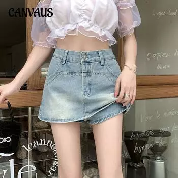 Джинсовая короткая юбка. Женская антибликовая юбка-трапеция с завышенной талией. Брюки. Комплект бедер. Универсальная юбка до середины тела. S светло-синий