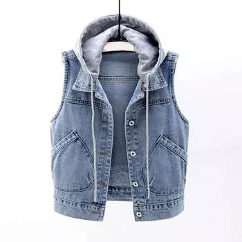 Джинсовая куртка без рукавов, женская мода, жилеты с капюшоном, джинсовая короткая, большого размера, хлопковая, на молнии, джинсовая жилетка XXXXL синий