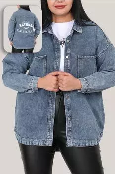 Джинсовая куртка больших размеров с принтом Темно-синяя