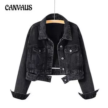 Джинсовая куртка больших размеров Tide Hong Kong Style, женская джинсовая куртка в стиле ретро на весну и осень S чёрный