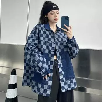 Джинсовая куртка больших размеров, женская весенне-осенняя хлопковая клетчатая свободная синяя тонкая куртка, повседневная универсальная удобная куртка S