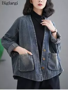 Джинсовая куртка большого размера, весенняя, женская, повседневная, свободная, плиссированная, модная, укороченная, с длинным рукавом, с V-образным вырезом, женские куртки, пальто M