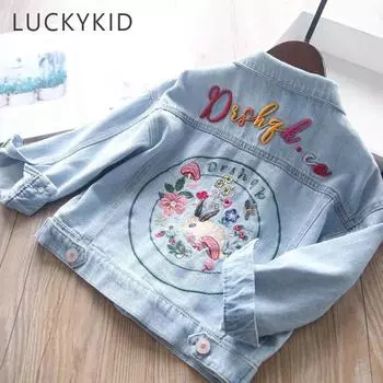 Джинсовая куртка для девочек, осень 2023, новинка, повседневное детское джинсовое пальто с вышивкой кролика, топы, детская одежда 100