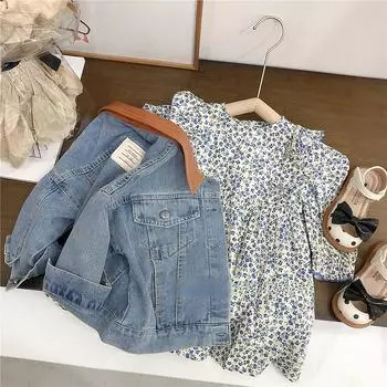 Джинсовая куртка для девочек в стиле Гонконга с кожаным воротником и осенне-весенним узором 90cm