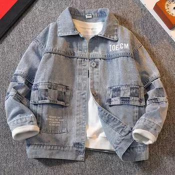 Джинсовая куртка для мальчиков, весна-осень 2022, новая куртка с вышивкой для больших мальчиков, детская корейская повседневная джинсовая куртка для детей 4-12 лет 110 синий