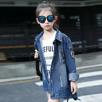 Джинсовая куртка для маленьких девочек, верхняя одежда с буквенным узором и блестками, куртка, пальто, повседневная куртка 160 синий