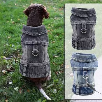 Джинсовая куртка для собак, джинсовое пальто для маленьких, средних девочек, мальчиков, одежда для щенков, комфортный жилет с лацканами и D-образным кольцом для поводка L чёрный