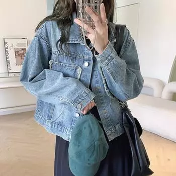 Джинсовая куртка для женщин, новая модная весенняя повседневная однобортная джинсовая куртка, шикарное винтажное свободное пальто с длинными рукавами One Size синий