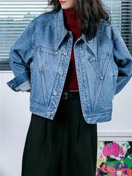 Джинсовая куртка для женщин, новая винтажная куртка с отложным воротником и длинными рукавами, шикарная повседневная однобортная короткая джинсовая куртка S синий