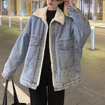 Джинсовая куртка из овечьей шерсти женская осенне-зимняя корейская версия свободная маленькая студенческая короткая бархатная утолщенная хлопковая одежда мода S