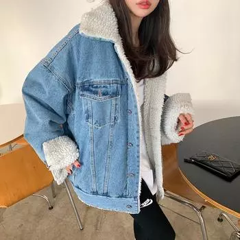 Джинсовая куртка из овечьей шерсти, женская, флисовая, утолщенная, зимняя, новая, свободная, утолщенная, жареная, уличная, хлопковая, теплая снаружи M size [90-60kg] джинсовый синий