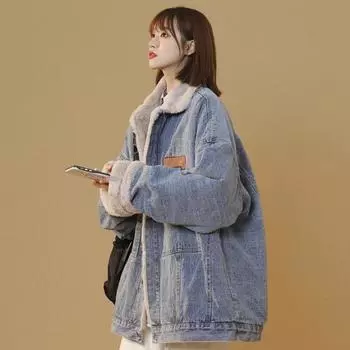 Джинсовая куртка из плюша ягненка, женская, новинка года, ретро-бейсбол, хлопковая подкладка, модная одежда из хлопка, с начесом и утолщением L115-65kg