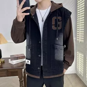 Джинсовая куртка мужская осенне-зимняя подростковая студенческая повседневная повседневная джинсовая куртка из двух частей с капюшоном плюс бархат M