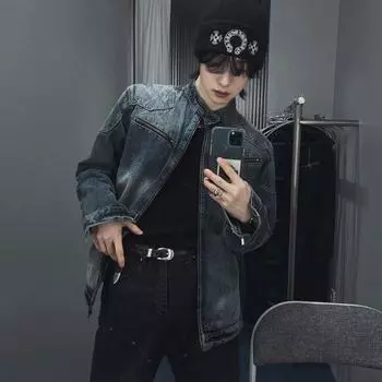 Джинсовая куртка мужская осенне-зимняя свободная стойка-воротник топ корейский стиль модная красивая куртка ниша M синий