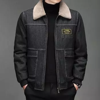 Джинсовая куртка мужская осенняя свободная трендовая теплая верхняя часть осенне-зимняя повседневная куртка M чёрный