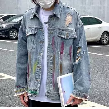 Джинсовая куртка мужская сезонная свободная высокая чувственность грубая красивая повседневная пара рваная куртка S синий