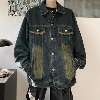 Джинсовая куртка мужская стираная Ruffian Красивый дизайн модный бренд уличная куртка-бомбер M синий