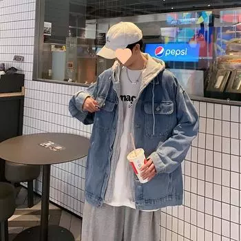 Джинсовая куртка мужская весна и осень новый дизайн поддельная двухкомпонентная куртка свободная повседневная с капюшоном универсальный новый стиль M