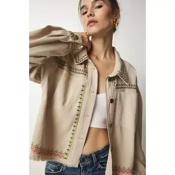 Джинсовая куртка оверсайз с вышивкой и кисточками Бежевая