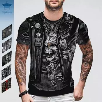 Джинсовая куртка с 3D-принтом, футболки для мужчин, свободная одежда с коротким рукавом, кожаная печать, круглый вырез, винтажная летняя байкерская куртка S
