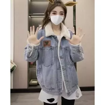 Джинсовая куртка с бархатными лацканами и надписью «Любовное письмо», женская, осень-зима, новая модная куртка с верхом из искусственного меха S Below 50 kg светло-синий