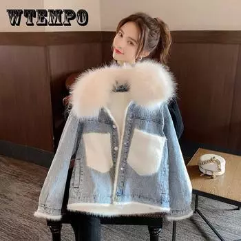 Джинсовая куртка с большим воротником из искусственного меха, женская зимняя теплая джинсовая куртка с капюшоном, студенческая базовая короткая парка, женское пальто-бомбер S белый