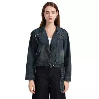 Джинсовая куртка с длинным рукавом, большого размера, повседневная, свободного кроя, укороченная, весенне-осенняя, женская, джинсовая куртка-пальто S