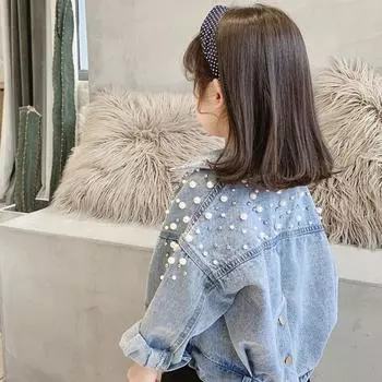 Джинсовая куртка с жемчугом и бусинами для девочек, модные пальто, детская одежда, осенняя одежда для маленьких девочек, верхняя одежда, джинсовые куртки, пальто 140cm синий