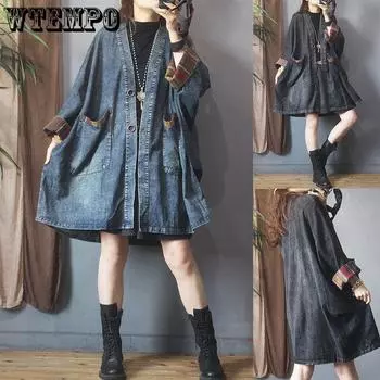 Джинсовая куртка средней длины с карманами в стиле ретро, большого размера, женская осенняя свободная однотонная джинсовая куртка женская