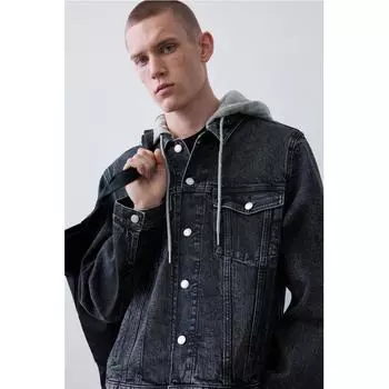 Джинсовая куртка узкого кроя HM с капюшоном джинсовая черная