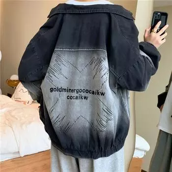 Джинсовая куртка в гонконгском стиле для мальчиков, модная куртка Ruffian Handsome Tide Brand Casual Couple Gradual Change Tooling Jacket S чёрный